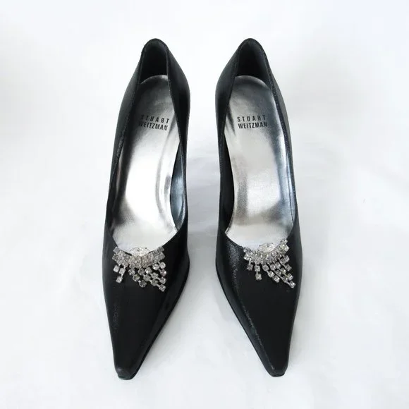 STUART WEITZMEN Classic Black Pointed Toe Pumps Crystal Charm Fringe Heels - Picture 2 of 15